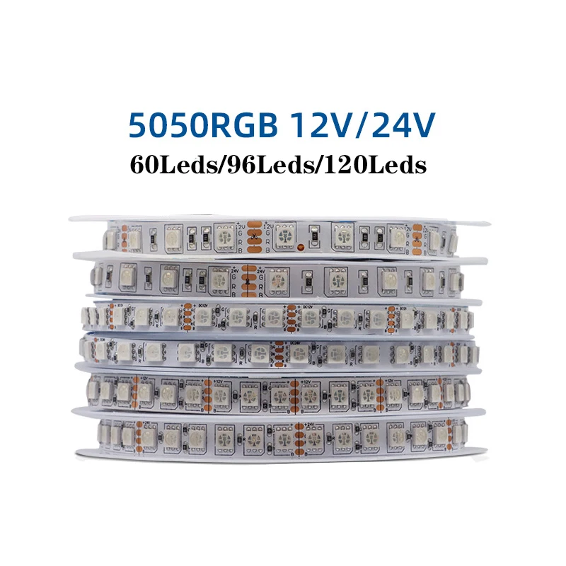 

5m 12V 24V 5050RGB LED Strip Light 60LEDS/96LEDS/120LEDS/m Waterproof Flexible Tape White PCB