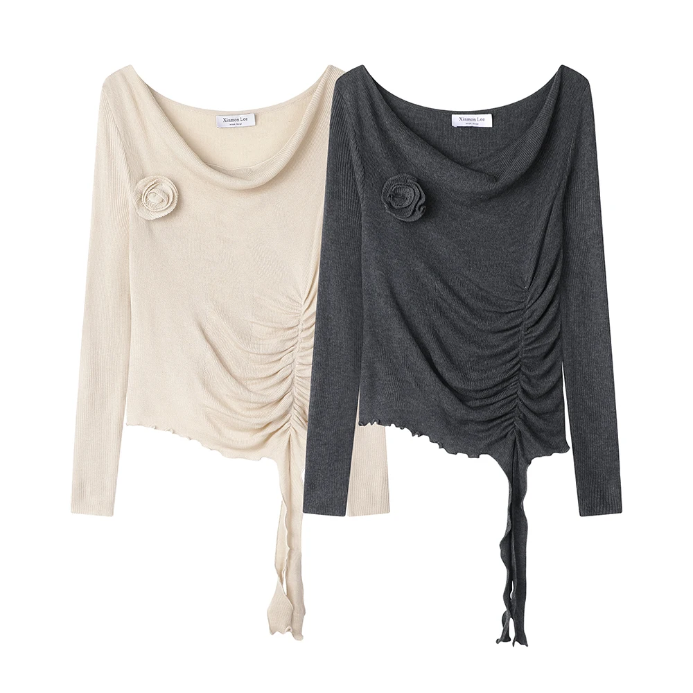 Xinmonlee French Sle Gentle Pure Desire Свободный воротник с длинными рукавами Трикотаж Осенний