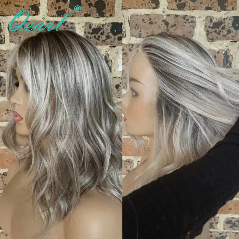 Brazilian Human Hair Wig Sale Free Shipping Ash Blonde with Light Grey Highlights Colored Lace Frontal Wigs 13x4 Virgin Qearl
