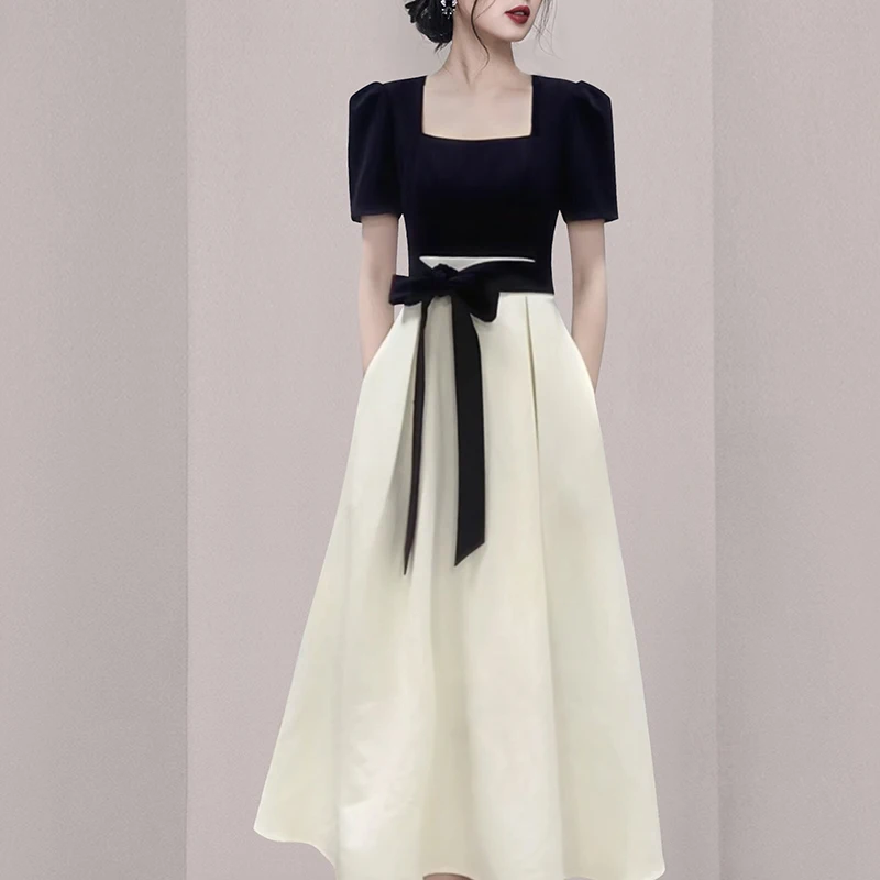 

Женское платье средней длины составного кроя, Элегантное черно-белое дизайнерское платье во французском стиле с квадратным вырезом, пышными рукавами и высокой талией на лето