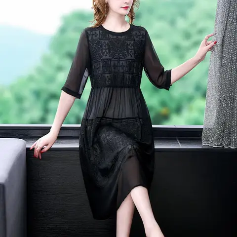 Женское платье с вышивкой, черное элегантное платье среднего возраста с рукавом три четверти, 2022