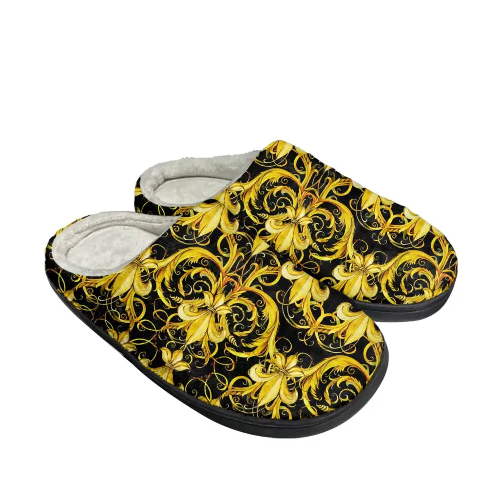 

Luxury Golden Floral Prints Home Cotton Custom Slippers Mens Womens Plush Baroque European Keep Warm Shoes Thermal Slipper
