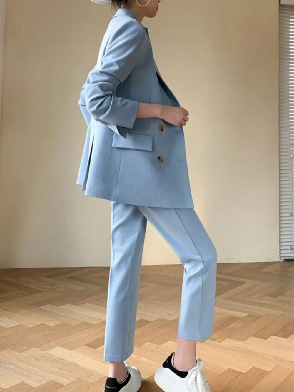 New Korean Fashion Women Blazer Pantsuit Casual Solid Elegant Blazer Jacket Straight Pants 2 Pieces Female Vintage Trousers Suit
