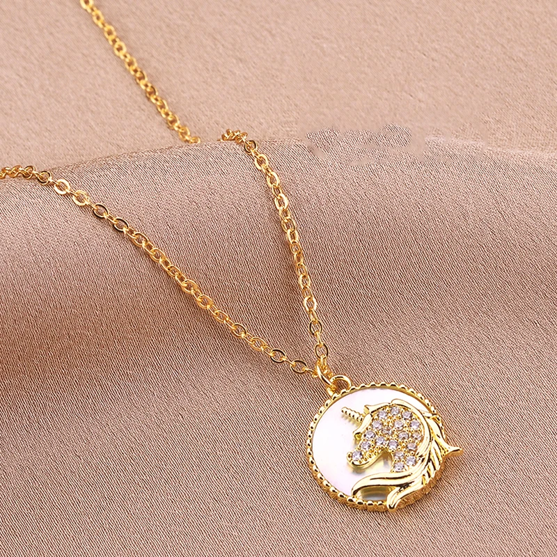 

Trendy Exquisite 14k Real Gold Unicorn Pendant Chain Necklace for Women High Quality Jewelry Bling AAA Zircon Wedding Party Gift