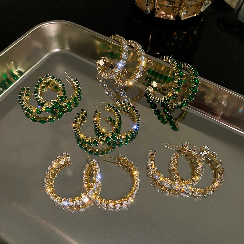 FYUAN Fashion Jewelry High Quality Inlay Hoop Earrings Oval Green Zircon Crystal Earrings for Women Earrings Party Gifts