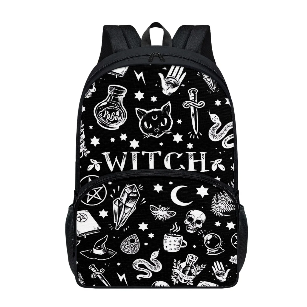 FORUDESIGNS Cat Witchcraft Print Women's Backpack Personalized Student Boys Girls Back School Bag Water Bottle Pockets Book Bags