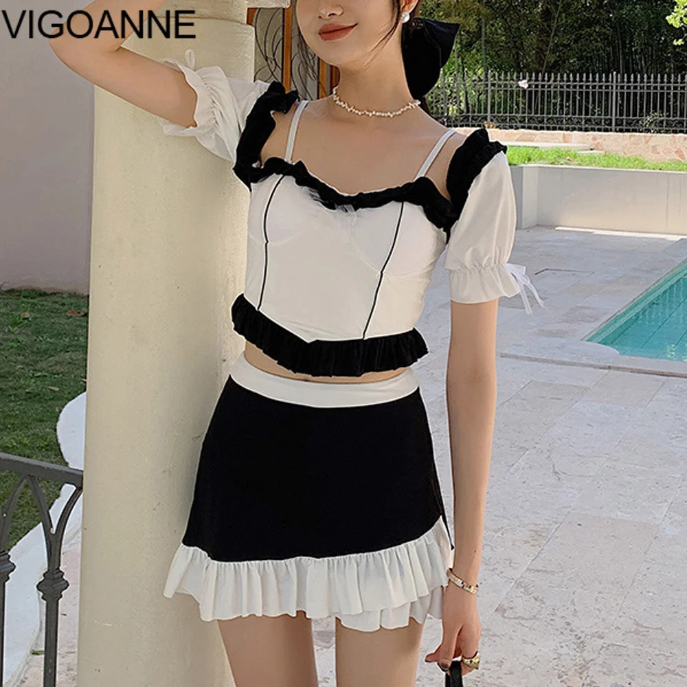 

VigoAnne 2023 Solid Short Sleeve Swimwear Women Verge High Waist Skirt Bikini Korean Slimfit Swimsuit Backless Bathing Suit