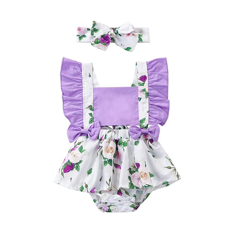 

Baby Romper with Headband, Flower Print Square Neck Sleeveless Bodysuit+ Hairband for Summer, 0-18 Months