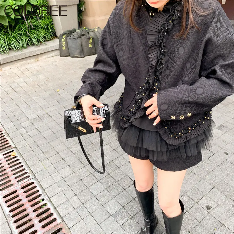 

Korean Fashion Elegant Beading Ruffles Winter Jacket Women 2023 Luxury Designers Black Tweed Jackets and Coats Loose Jaqueta