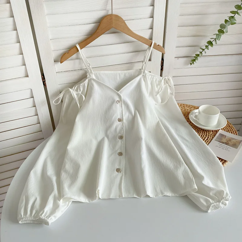 

Autumn White Puff Long Sleeve Blouse Shirt Women's Sexy Single-Breasted Design Tie Slash Neck Off Shoulder Fashion Blouse Women