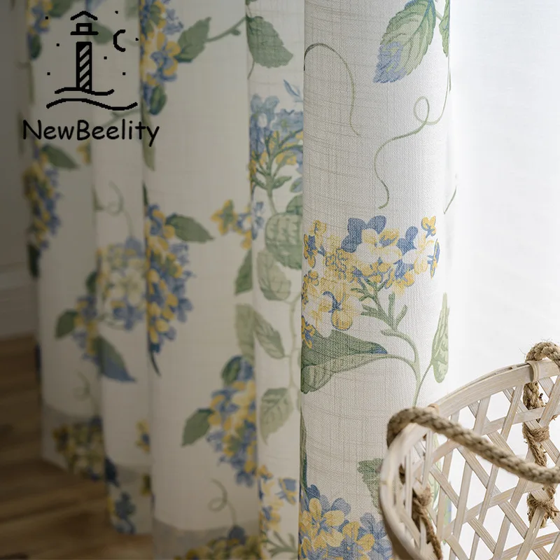 

American-Style Window Curtain for Living Room Country Hydrangea Fresh Cotton and Linen Curtains for Bedroom Sheer Flower