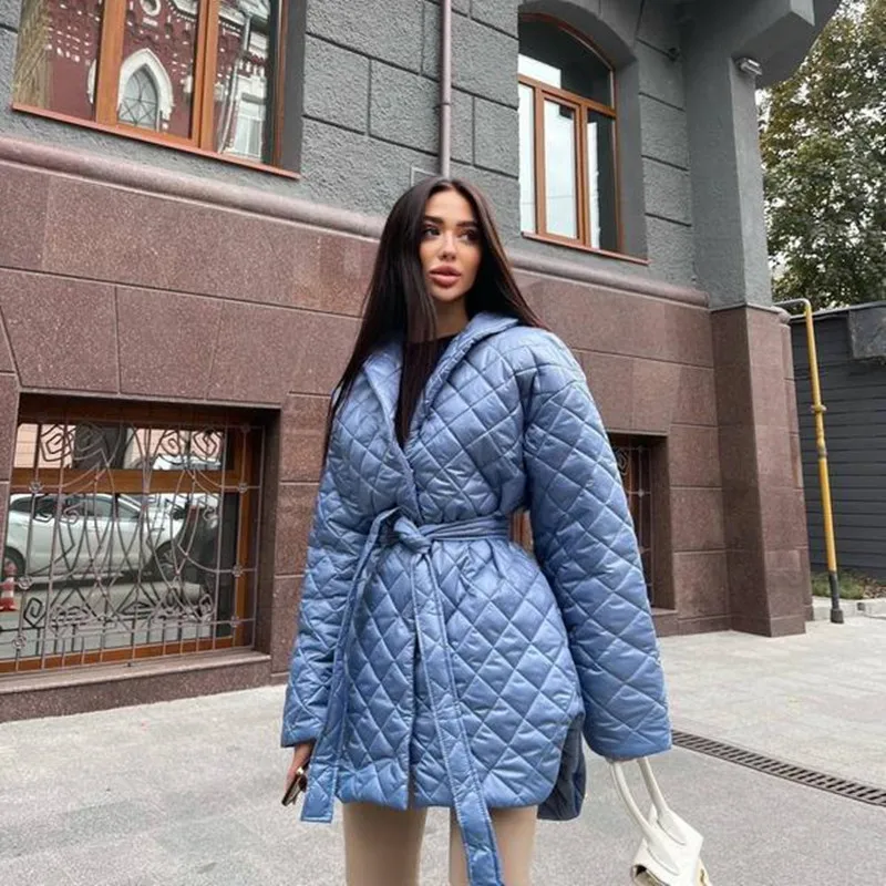 Winter Clothes Ins Slim Fitting Parkas Bandage Long Sleeve Plaid Long Personalized Cotton Coat Women's Winter Top Ry*