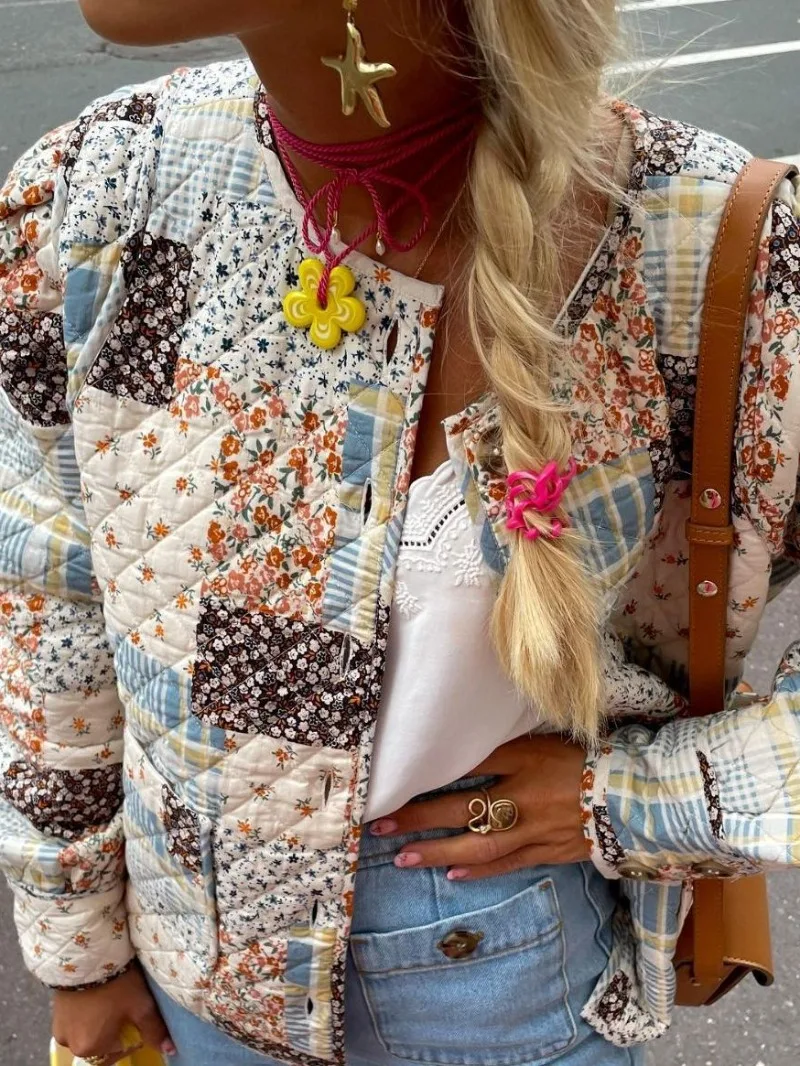 

Женская однобортная парка с цветочным принтом, винтажная хлопковая стеганая куртка составного кроя с карманами и О-образным вырезом в уличном стиле, 2023
