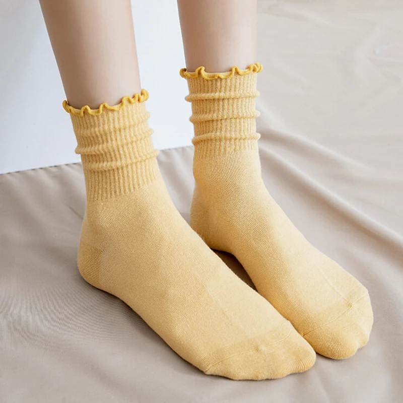 Japanese Style Solid Color Frilly Ruffle Socks for Women Girls Fashion Crew Cotton Cute Female Socks Black White Blue Green Red
