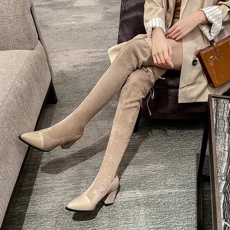 

Winter New Fashion Pointed Toe Square High Heels Stretch Fabric Over the Knee Women Shoes Boots