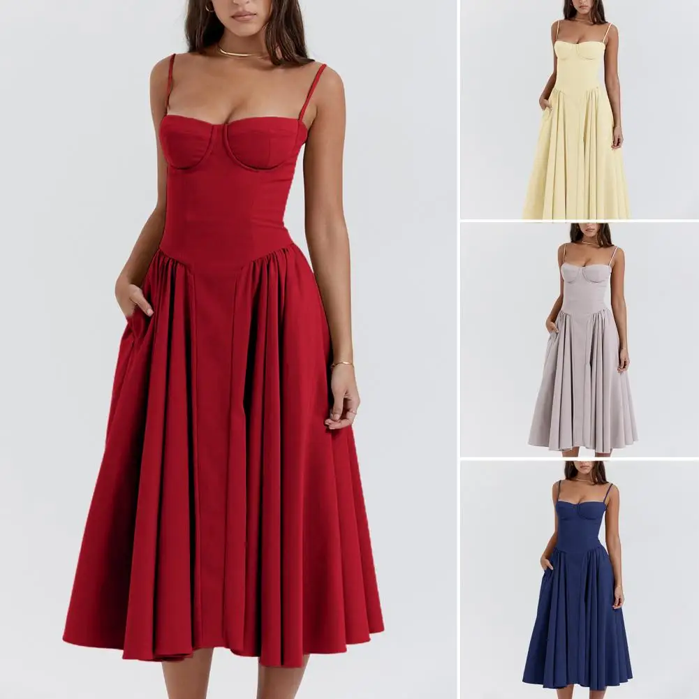 

Elegant Slim Backless Sling Dress Women Fashion Solid Suspender Dresses 2023 New Summer Female Party Evening Robes Vestidos