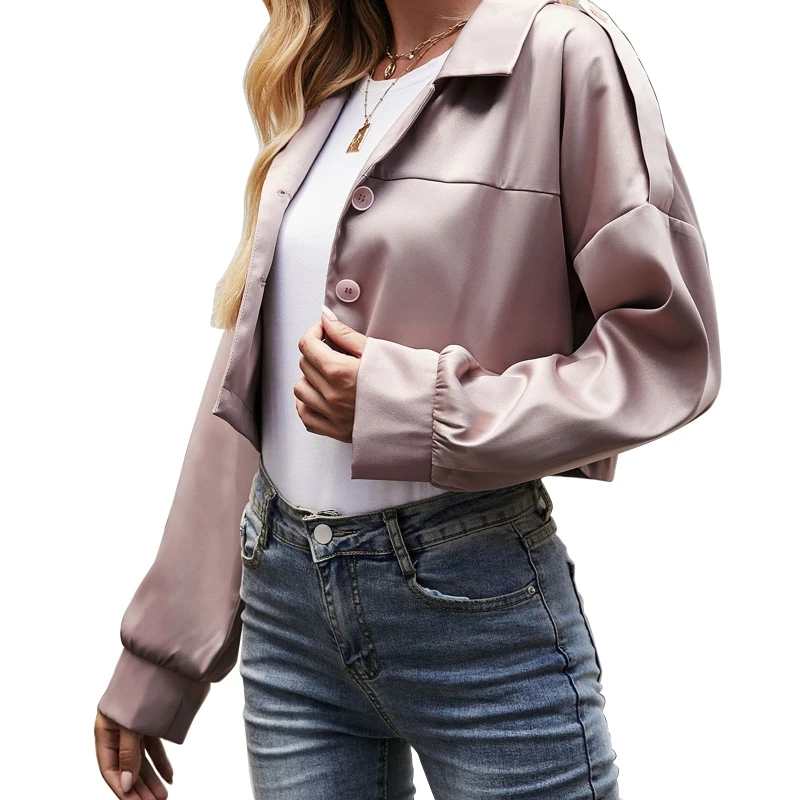 

Women Long Sleeve Solid Short Blazer Jacket Notched Lapel Button Cropped Coat