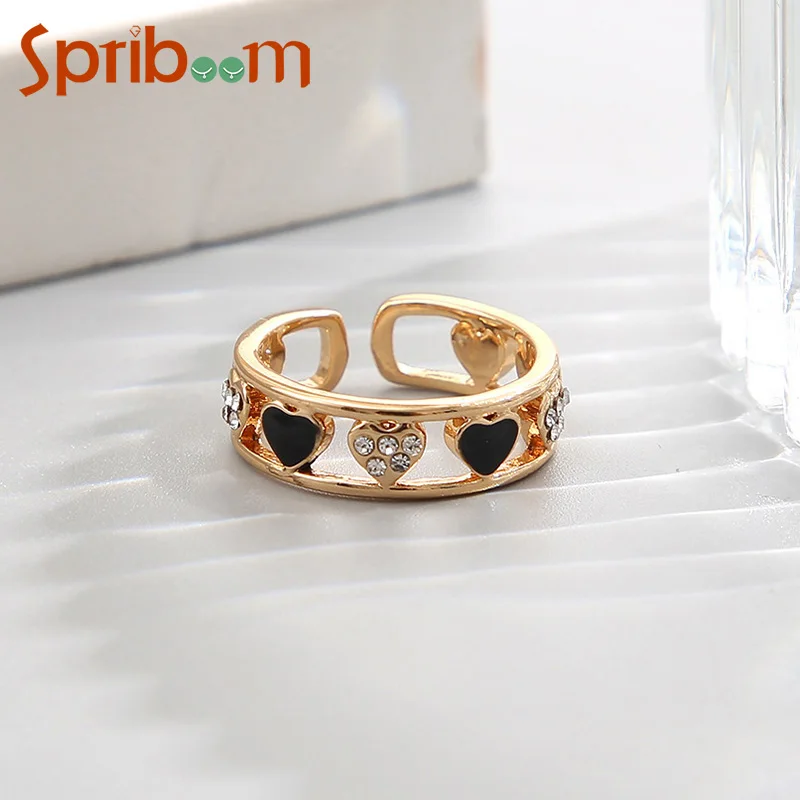 

Hollow Heart Rings for Women Black White Dripping Oil Love Crystal Index Finger Ring Fashion Aesthetic Jewelry Open Adjustable