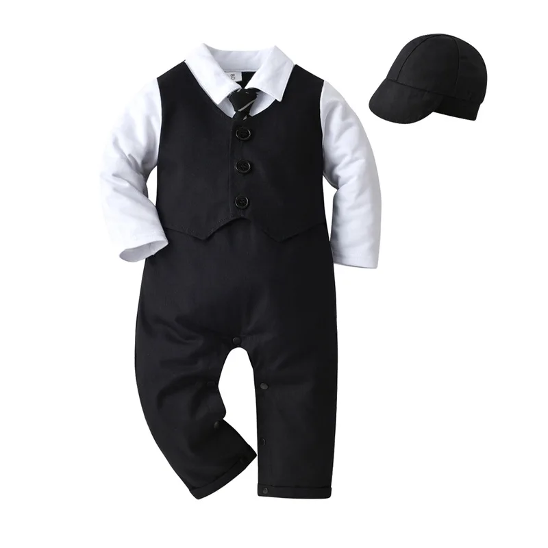 Baby Romper Boys Vintage Long Sleeve Jumpsuit Bodysuits Fake Two Piece Set  with Cap Infant Wedding Birthday Photograph