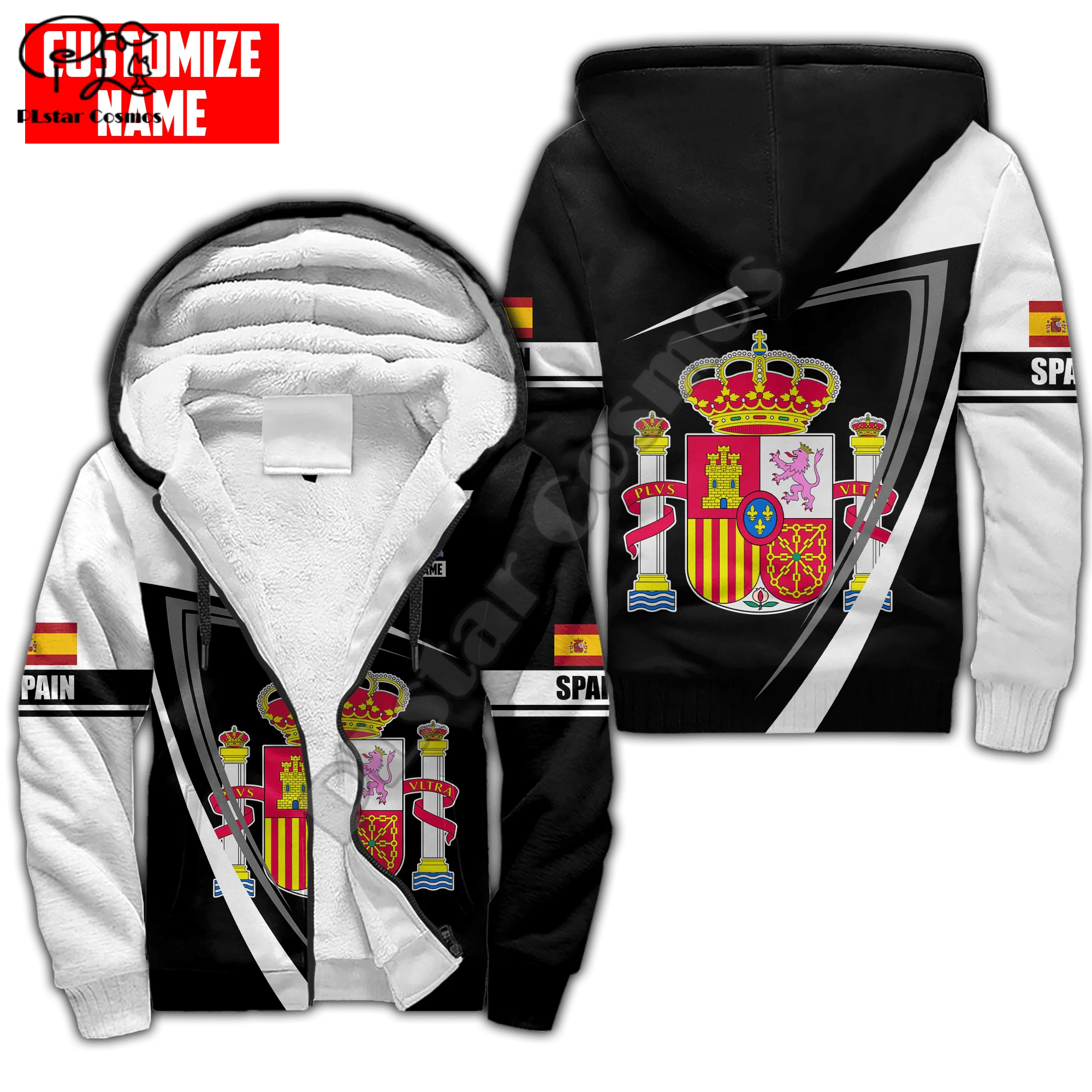PLstar Cosmos Spain National Emblem 3D Printed Winter Clothing Casual Warm Hood Thick Coat Zipper Man Fleece Hoodies Jacket S25