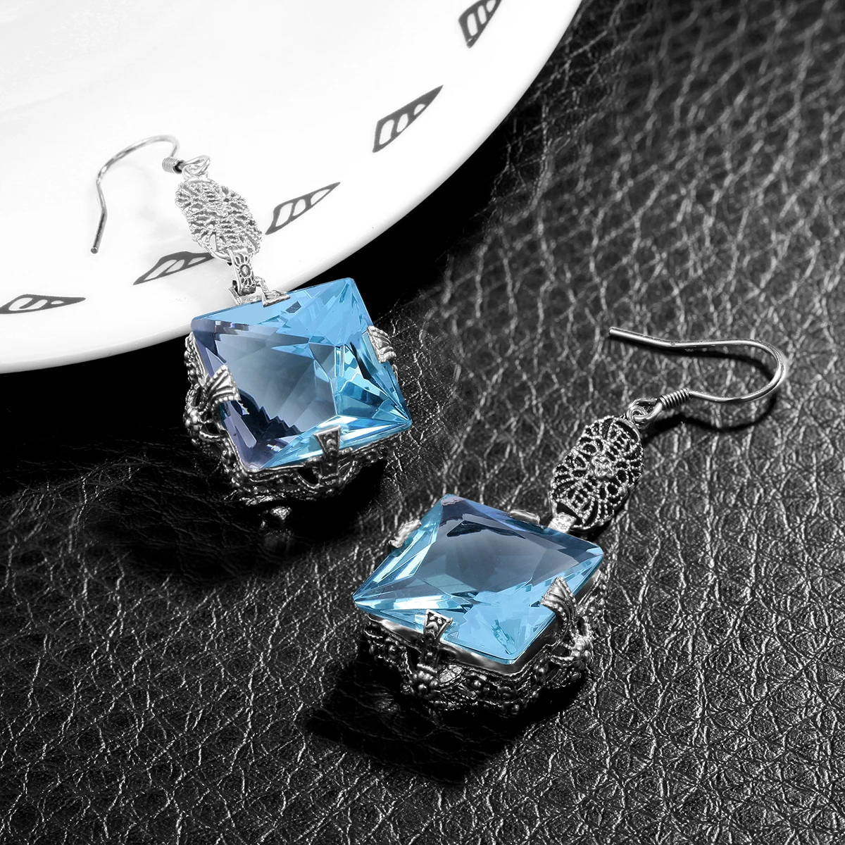

High Quality Hypoallergenic Earrings 925 Sterling Silver Luxury Blue Topaz Square Cut Drop Earrings Women Vintage Fine Jewelry