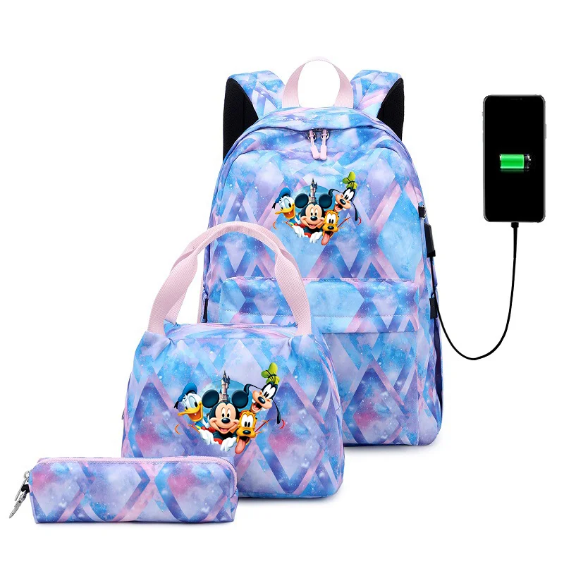 3pcs Disney Cartoon Pluto Backpack Unisex College School Bag USB Charging Bookbag Mochila Men Women Travel Casual Backpack Sets