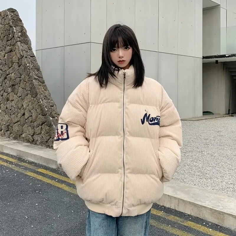 Retro Corduroy Thick Parka Coat Loose Women Winter Fashion Street Hip-Hop Letter Printing Warm Oversized Jacket Harajuku Y2K
