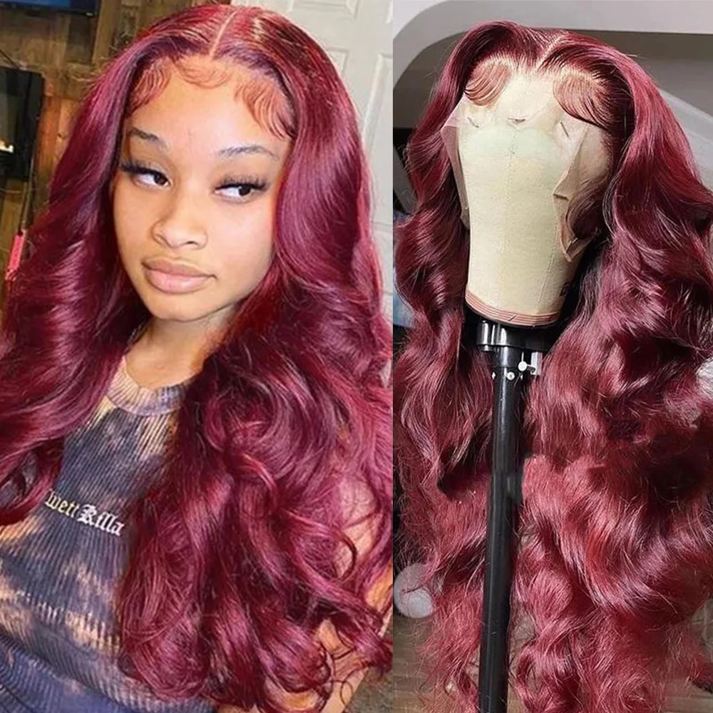 

99J Burgundy Body Wave Lace Front Wig Red Colored 13x4 Human Hair Lace Frontal Wigs Hd Transparent Lace Glueless 180% Density