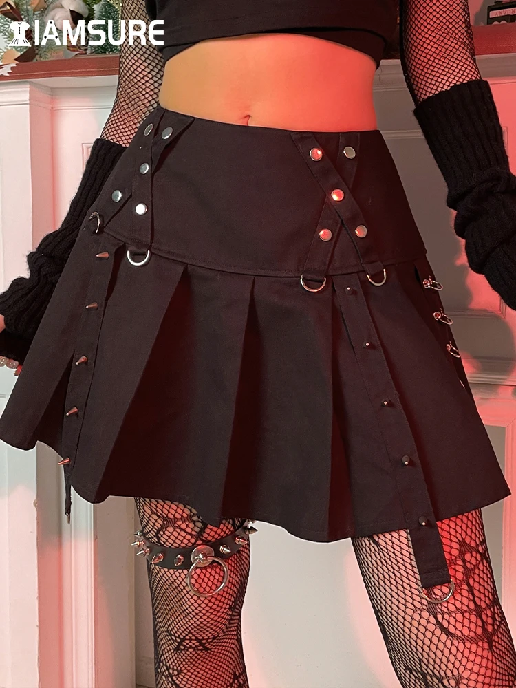 

IAMSURE Gothic Rivet A-Line Pleated Skirt Dark Solid Mid-Waisted Mini Skirts Women 2022 Summer Preppy Style Streetwear Ladies