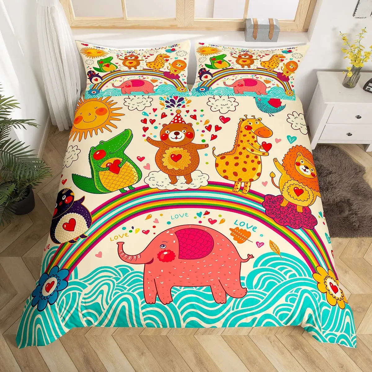 

Cartoon Animals Duvet Cover Twin Kids Colorful Rainbow Heart Bedding Set Kawaii Crocodile Giraffe Bear Elephant Comforter Cover