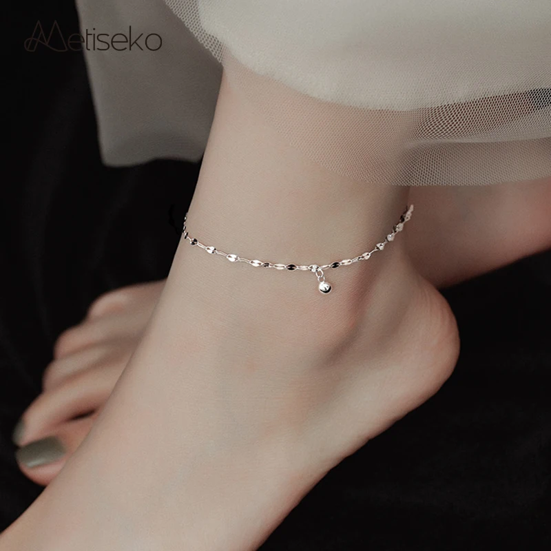 Metiseko 925 Sterling Silver Anklet Platinum Yellow Gold Plated Real Silver Feet Bracelet for Women Summer Holiday Beach Party