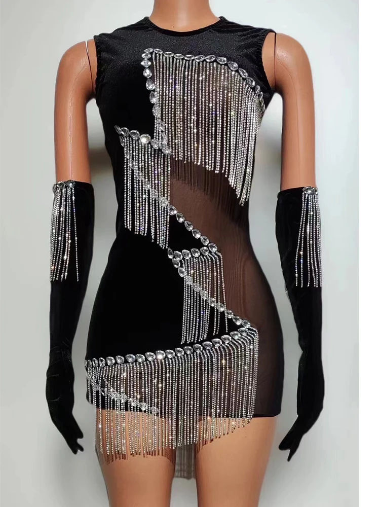 Высококачественное популярное эластичное платье с бахромой и бриллиантами +