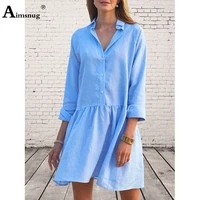 women elegant short mini dress summer casual beach shirt dresses 2022 femme vintage pullover mandarin collar loose dress femme