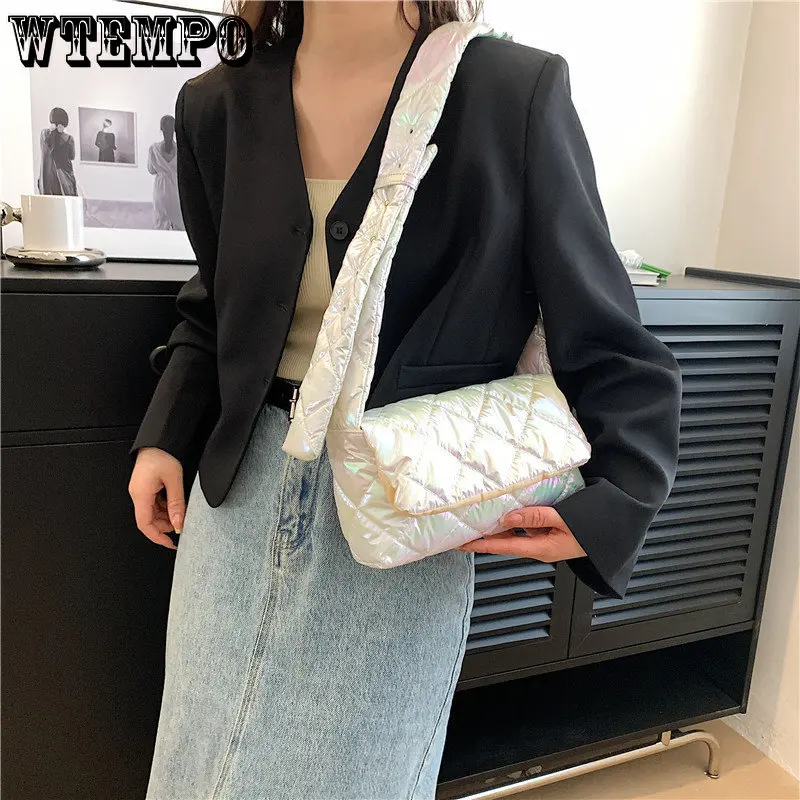 Quilted Women Messenger Bag Fashion Check Cotton-Padded Bag Nylon Buckle Autumn Winter Flap Soft Solid Color for Shopping Travel