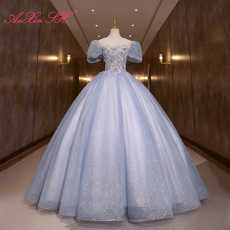 

AnXin SH princess Rose flower blue lace evening dress vintage o neck illusion puff sleeve ball gown bride sparkly evening dress