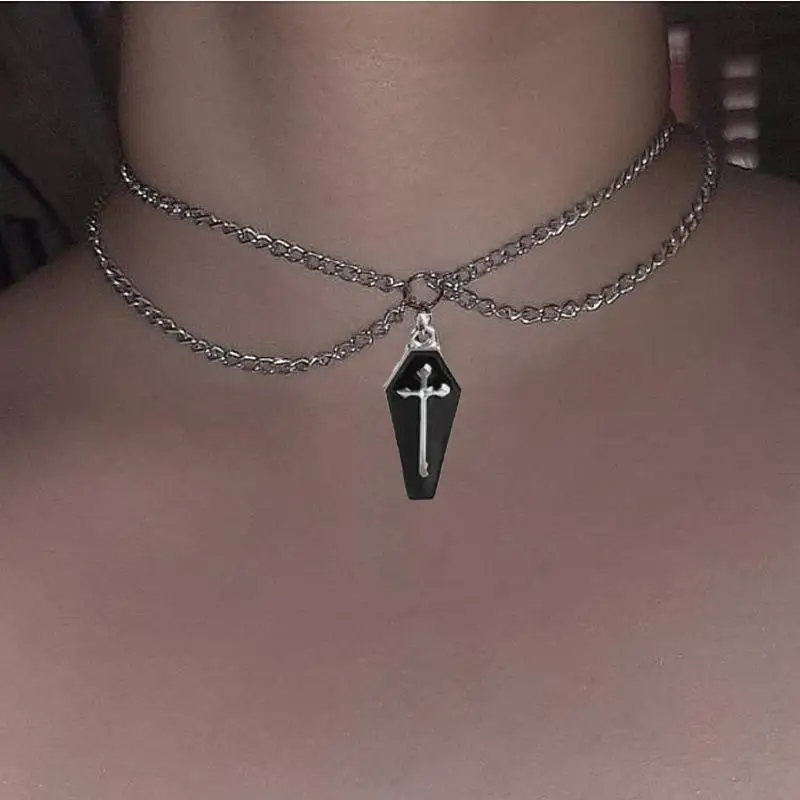 Женское ожерелье с подвеской Goth черное крестом в гробу подвеска-чокер стиле панк