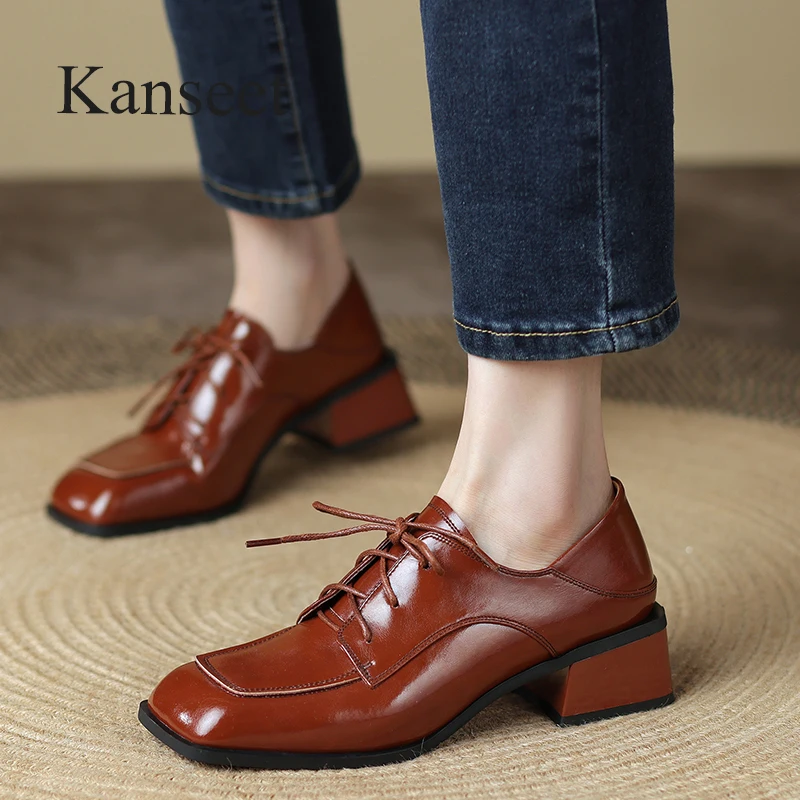 

Kanseet Shoes For Women New Spring Autumn Vintage Square Toe Genuine Leather Handmade Casual 4.5cm Mid Heels Lady Footwear Black