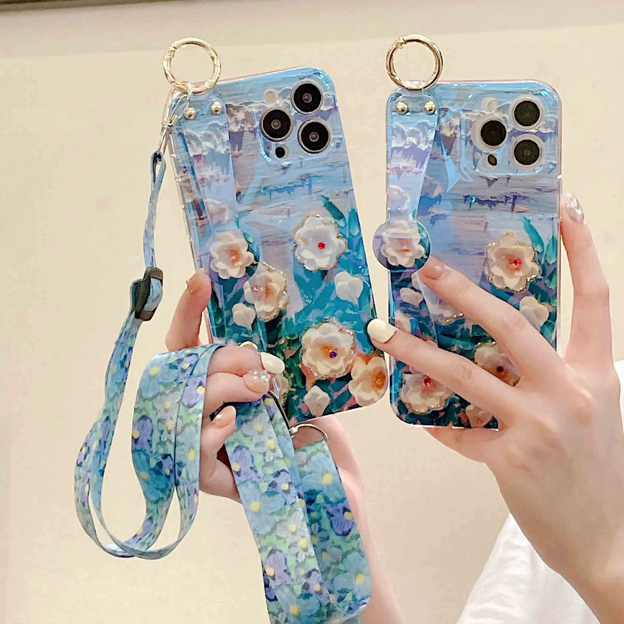 

Lanyard Case For Vivo X50 Pro Plus Blu-ray Flowers Soft Silicone Holder Stand Camellia Cute Phone Cover for Vivo X30 Pro X27