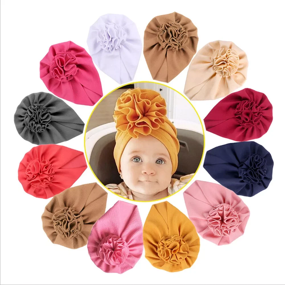 Baby Infant Toddler Boys Girls Solid Head Wrap Turban Cap Headband Beanie Hats Big Ruffled Flower Caps