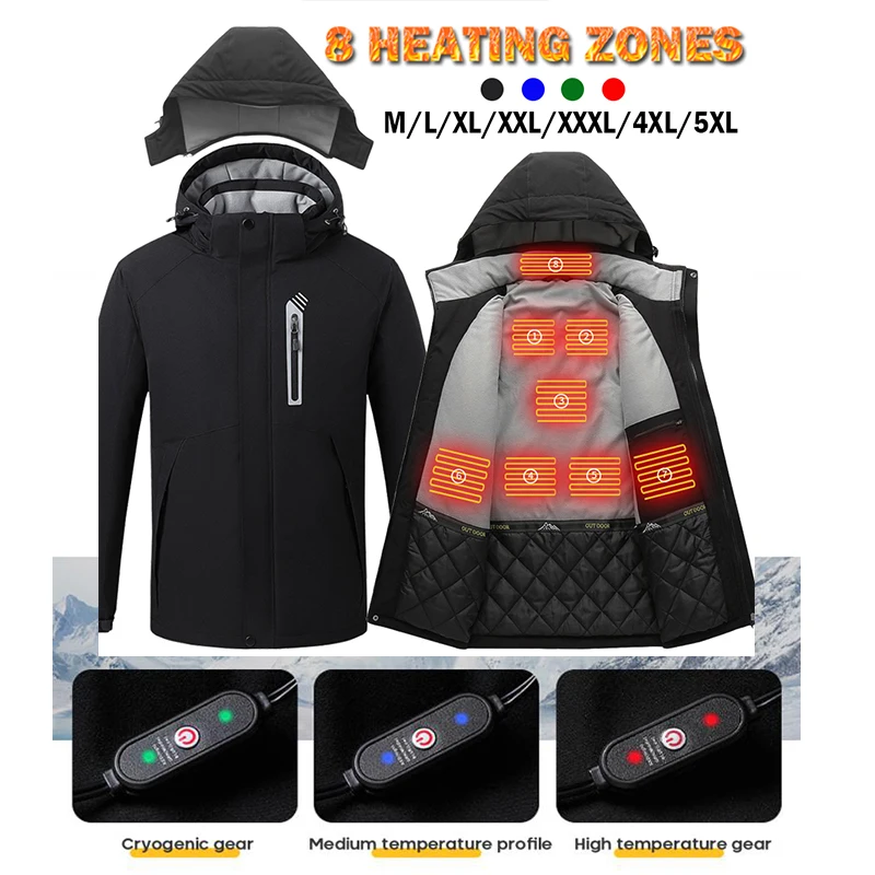 

8 Areas Smart Electric Heated Jacket Outdoor Winter Coat with Cap M-5XL Electric Heating Vest Hiking Camping Jacket Warm Clothes