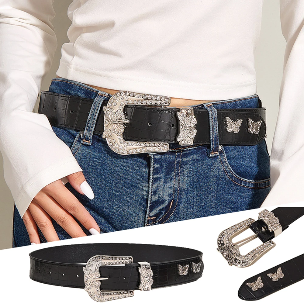 

Faux Leather Belt Stone Pattern Belt For Women Butterfly Diamond Buckle Butterflies Decorative Waist Belt Jeans Dress Waistband