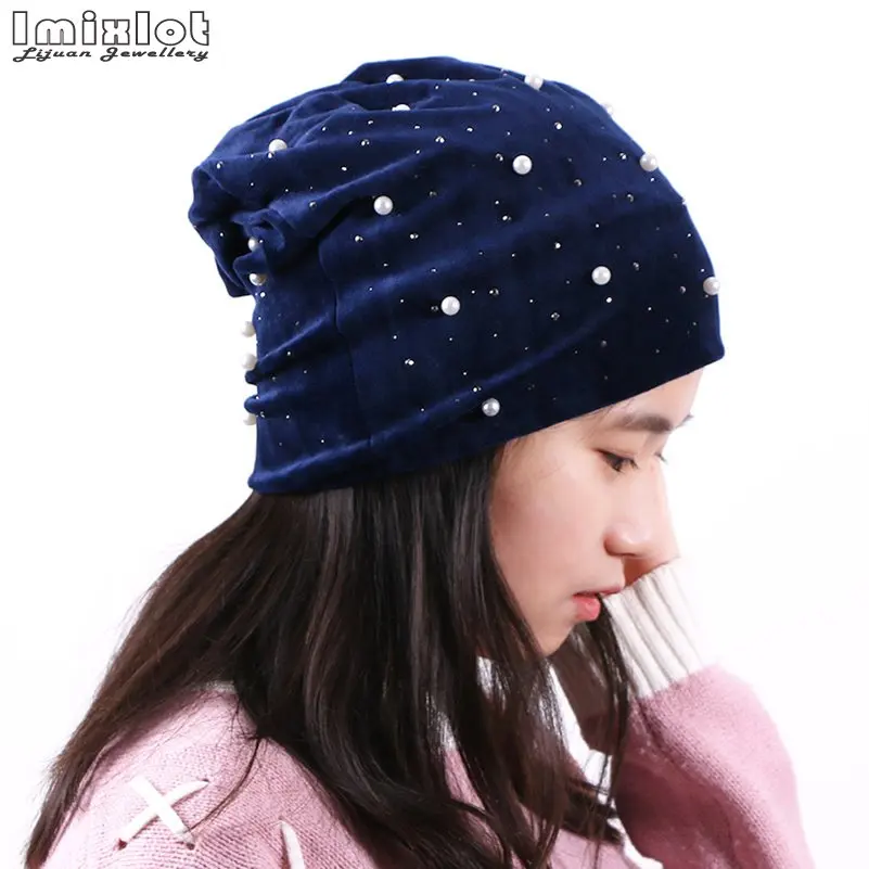 

Мягкие хлопковые осенне-зимние облегающие шапки для женщин и девушек, теплые шапки с жемчугом, шапки, тюрбан, шапка, женская шапка