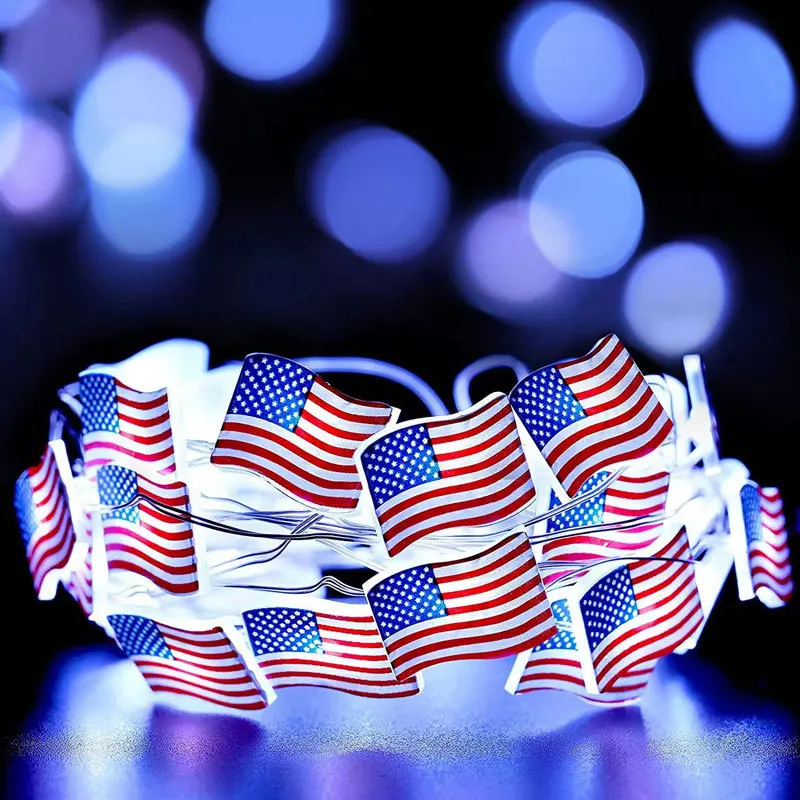 

10/20 LED American Flag String Lights Garland Battery Power Copper Wire Lamp DIY Independence Day Holiday Home Party Decoration