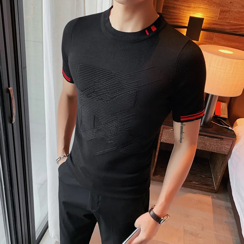 

Стильная облегающая полосатая трикотажная футболка с коротким рукавом для мужчин, в британском стиле черного цвета, идеально подходит для повседневных случаев
