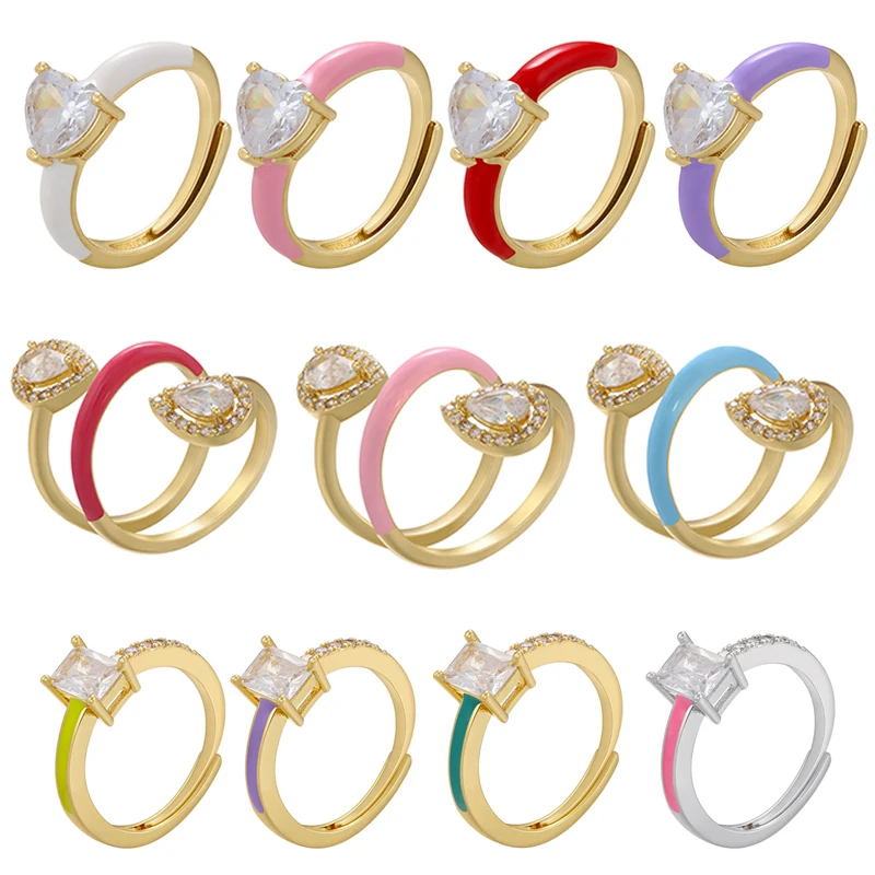 

QMHJE Square Heart Women Ring Layered Crystal Candy Neon Purple Water Drop Enamel Gold Color Wedding Engagement Adjustable Love
