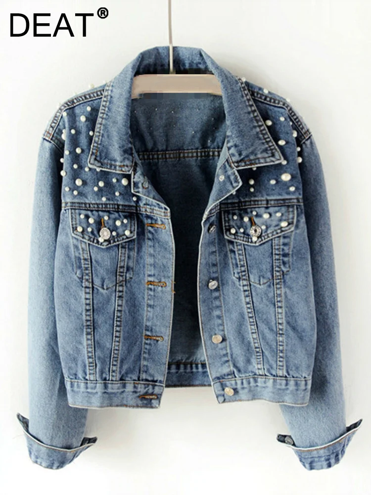 

DEAT Fast Delivery New Autumn Fashion Women’s Denim Jacket Full Sleeve Loose Button Pearls Short Lapel Wild Casual 2022 AP446