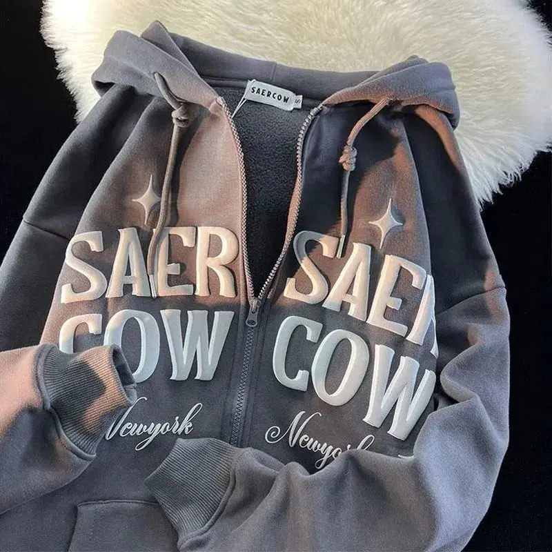 

American foster a cardigan coat loose in the fall and winter female ins tide letters printing flocking thickening couples fleece