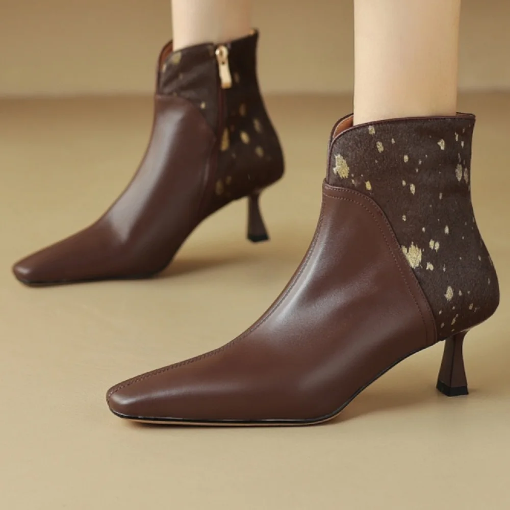 Женские ботильоны из коровьей и конской кожи с квадратным носком на тонком