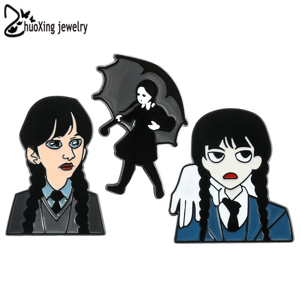 

Wednesday Addams Metal Pin Anime Brooch Pins for Backpack Cartoon Enamel Badges Clothes Jeans Jewelry Accessories Friend Gifts