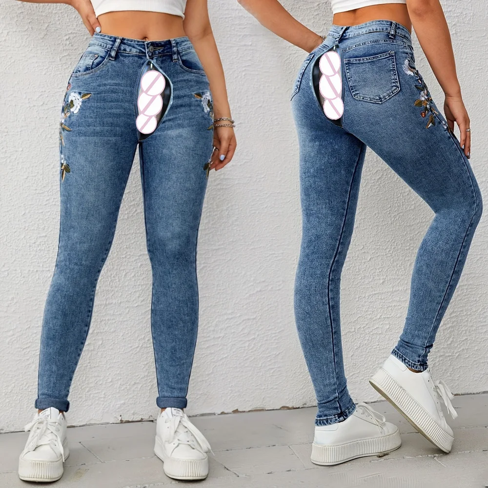 Экзотические брюки с открытой промежностью винтажные вышитые джинсы-бойфренды